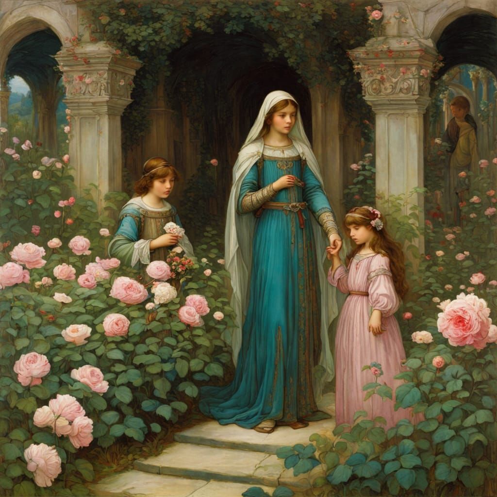 Medieval Family in Rose Garden, Waterhouse Style