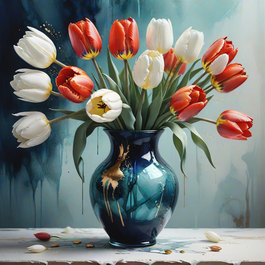 Vibrant Pastel Tulips in Glass Vase as Alcohol Ink Wash