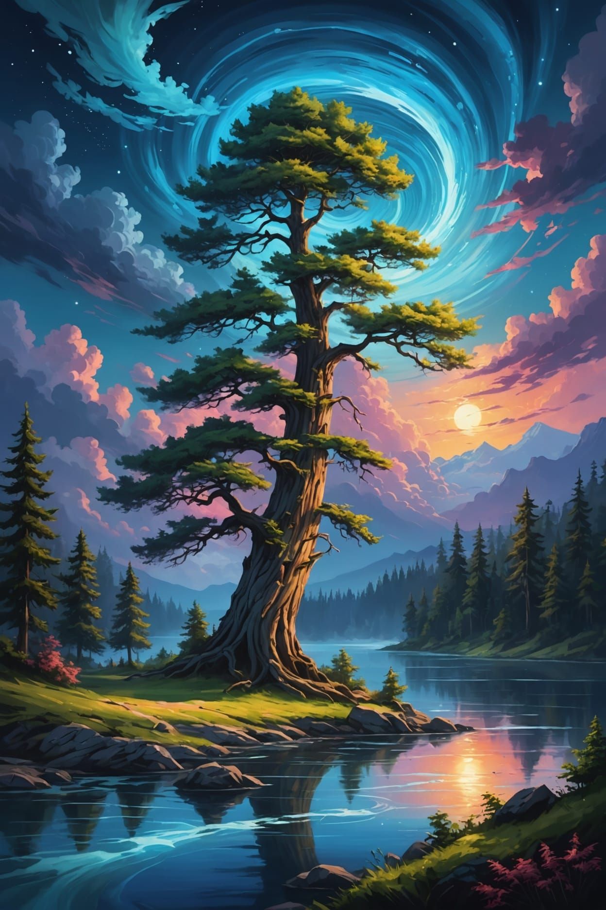 Cypress Tree Under Swirling Night Sky