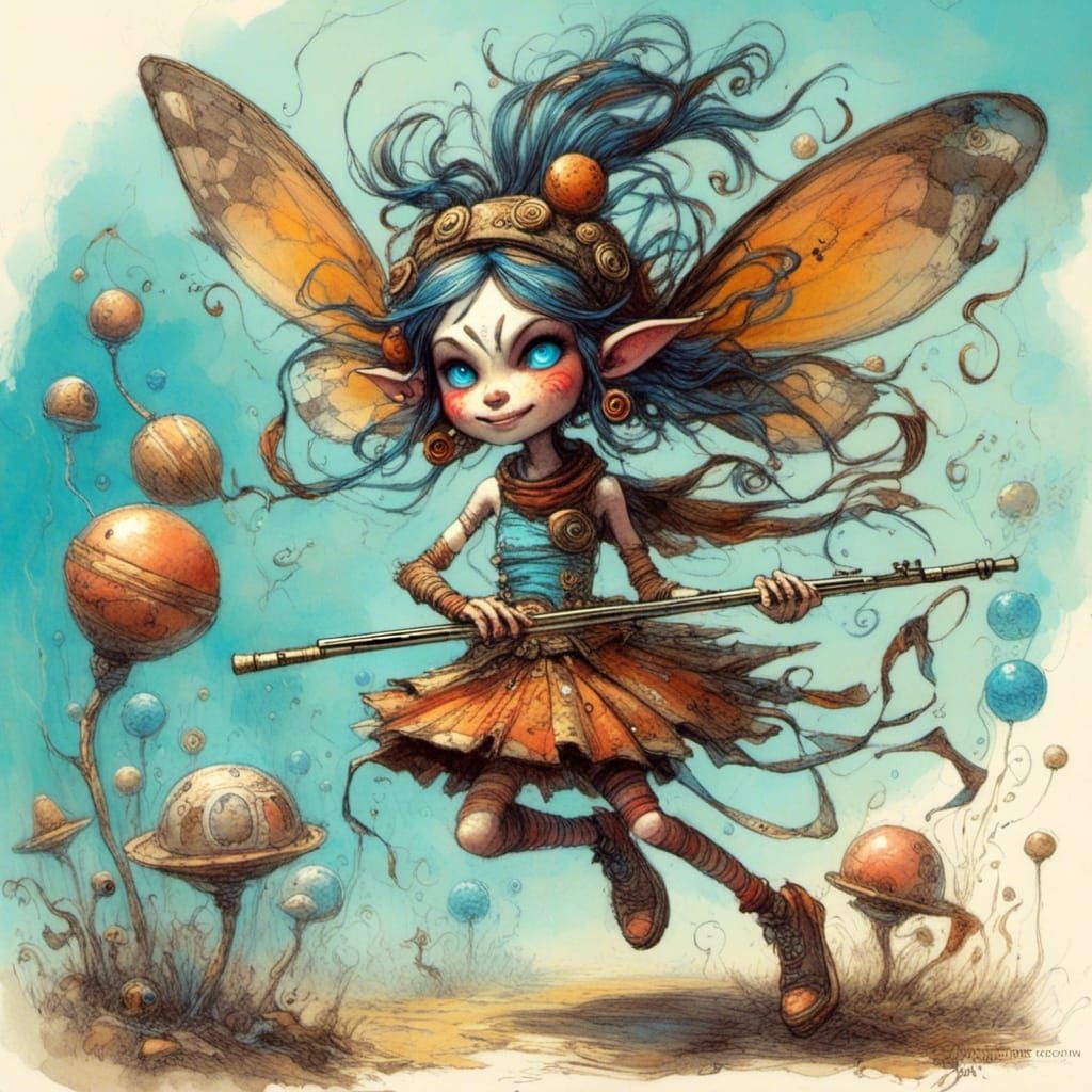 <lora:Whimsical Wanderers:1.0> A wacky fairy playing a flute. Musical notes surround her. All enjoy the music of spheres...