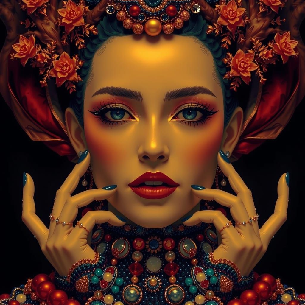 Ornate Beaded Waterfall Artwork in Luxurious Embroidery Styl...