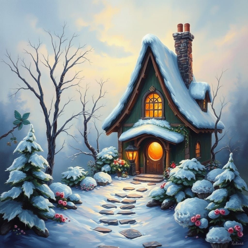 Whimsical Winter Fairy Cottage in Ethereal Oil Painting