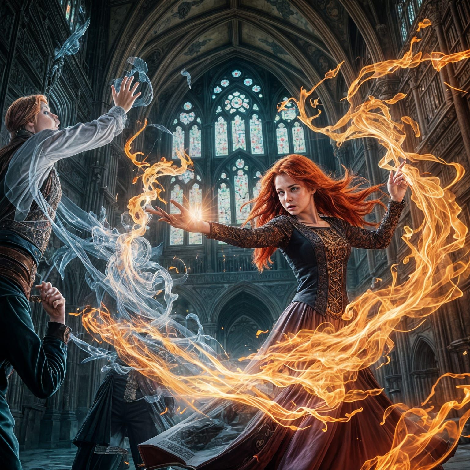 Fiery Sorceress Duel in Hogwarts, Anime Style
