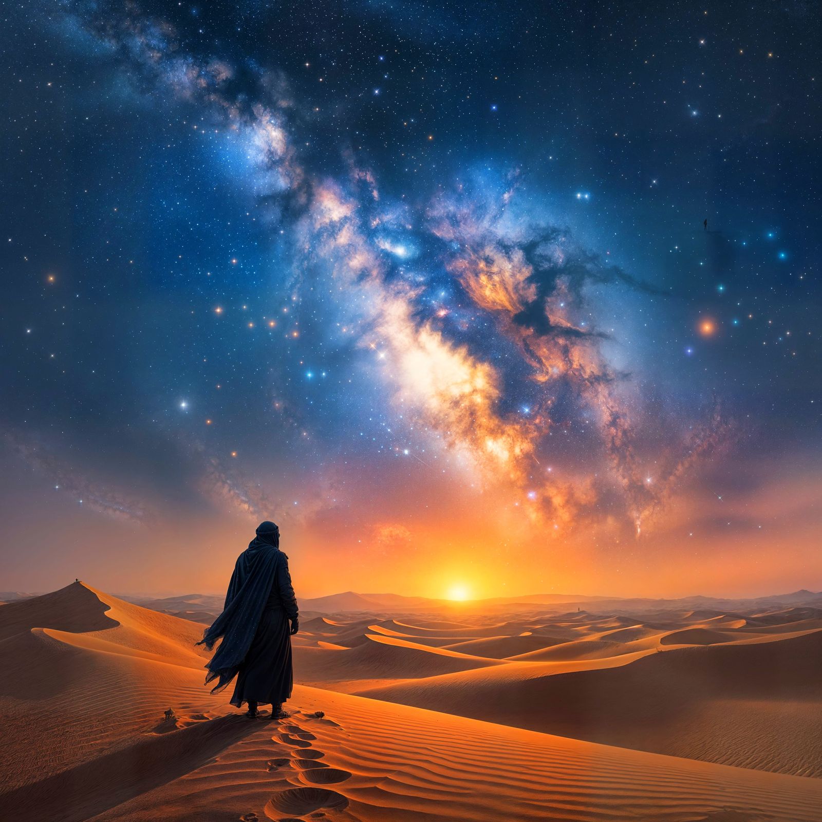 Bedouin Warrior Gazes at Cosmic Desert Sky