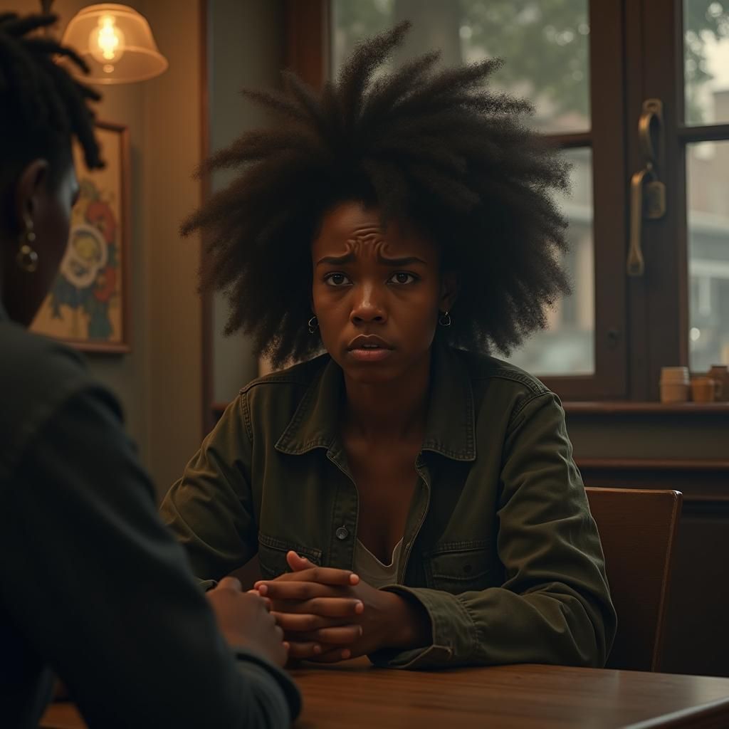 Frustrated Bisola in Dimly Lit Cafe Portrait