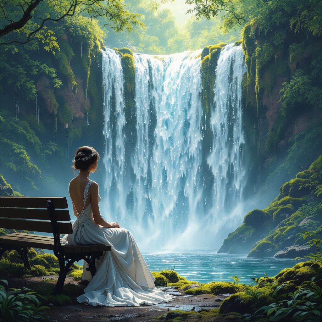 Woman by Gravity-Defying Waterfall in Lush Landscape