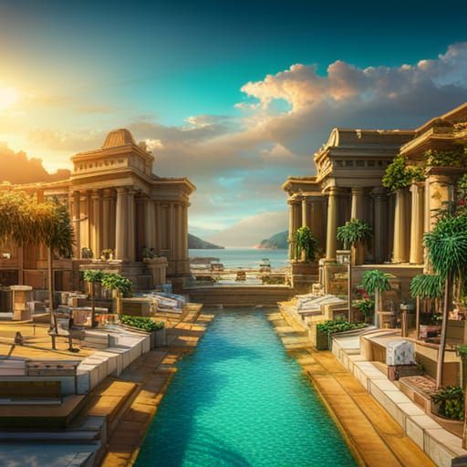 Vibrant Greek Resort with Grecian Statues