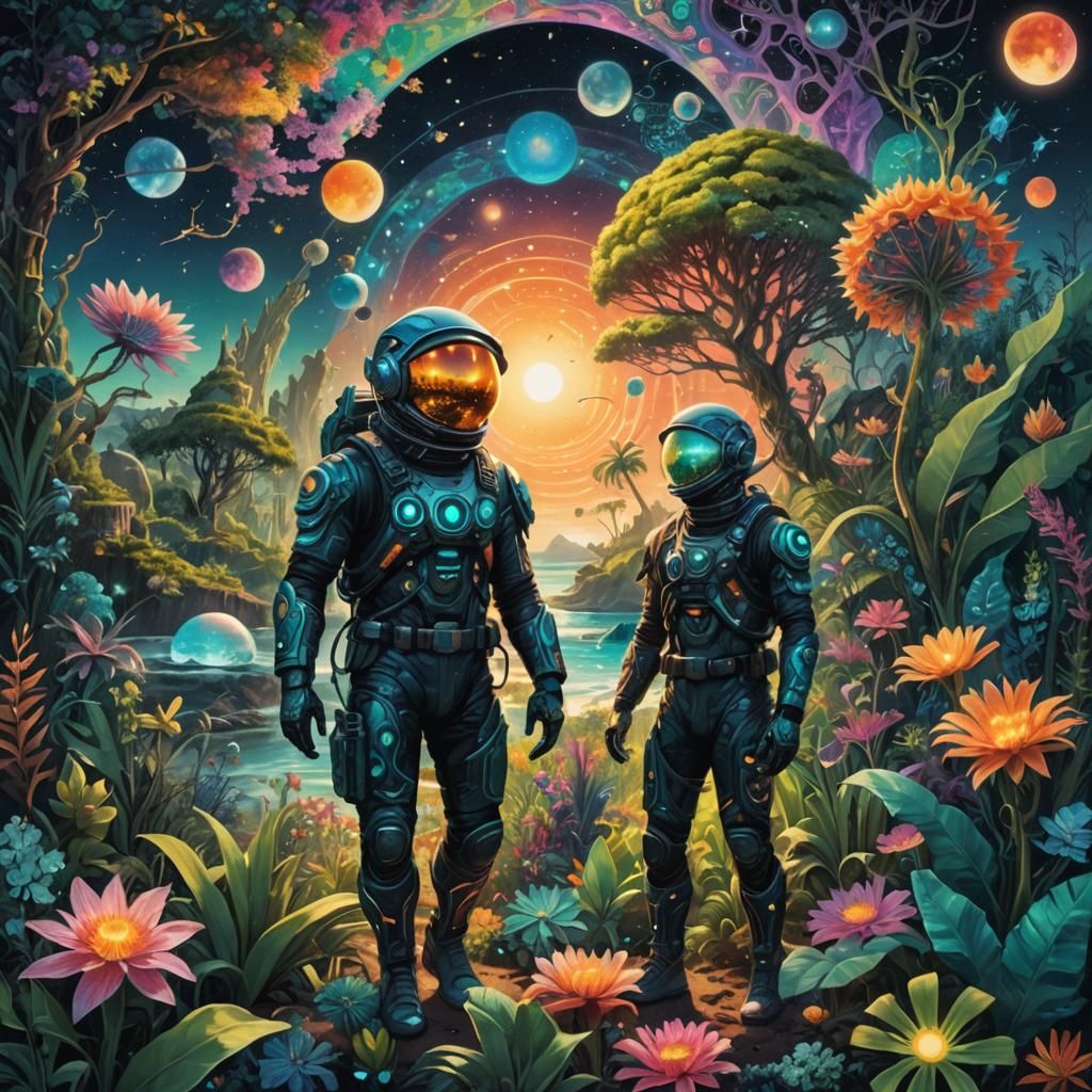 Explorer on Alien Planet in Cosmic Surrealism Style