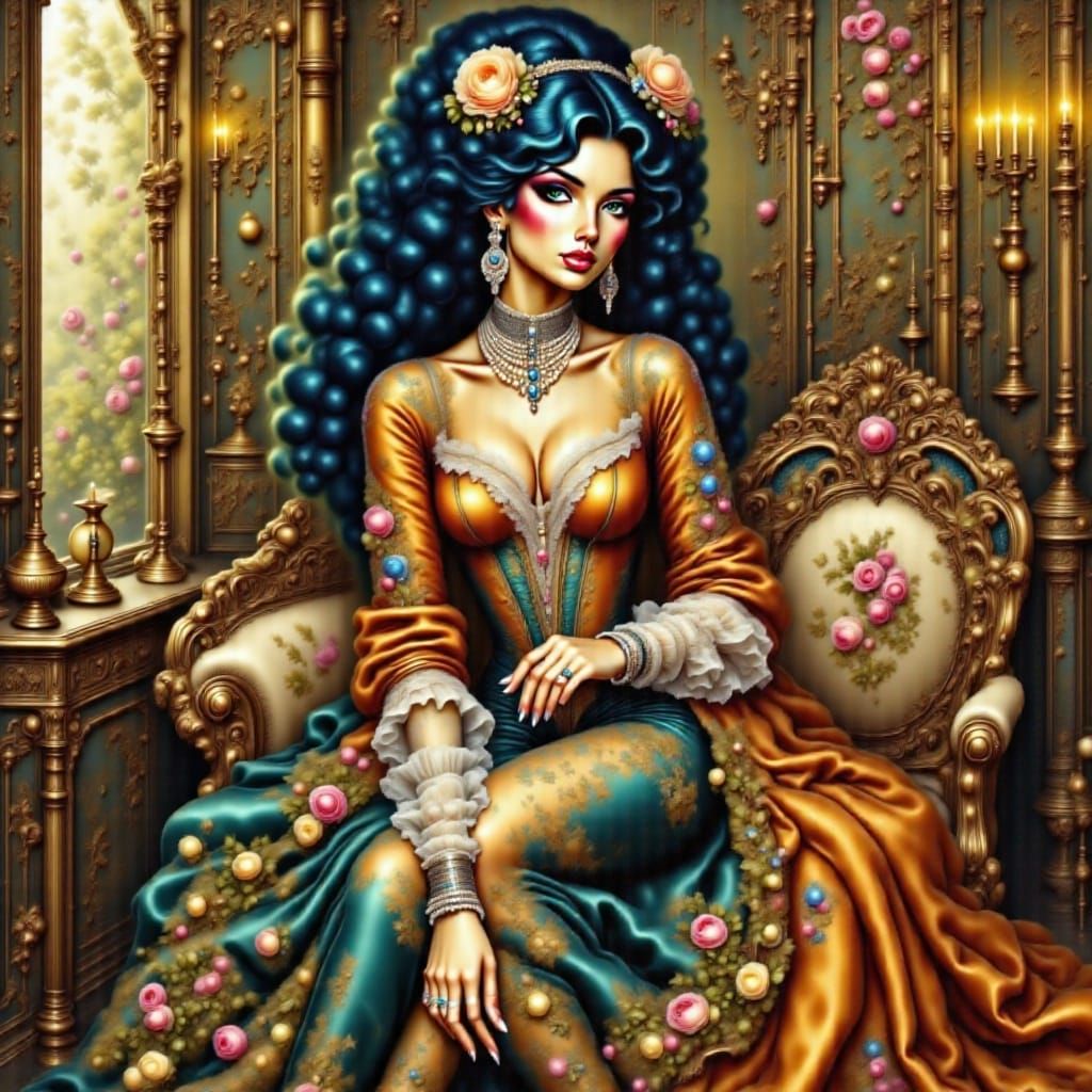 Baroque Woman in Opulent Lace Dress on Velvet Sofa