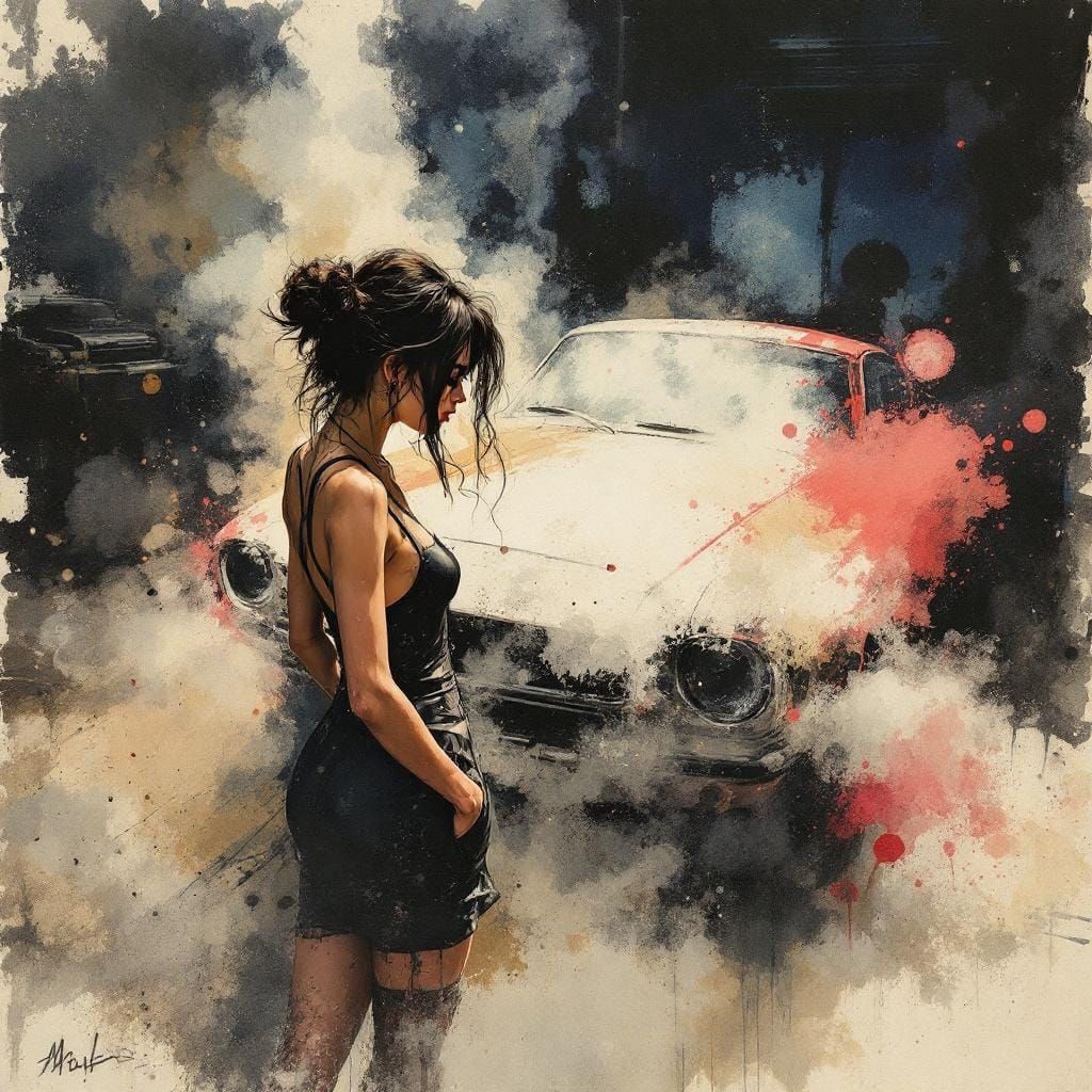 Pin Up Woman in Auto Garage, Surreal Watercolor