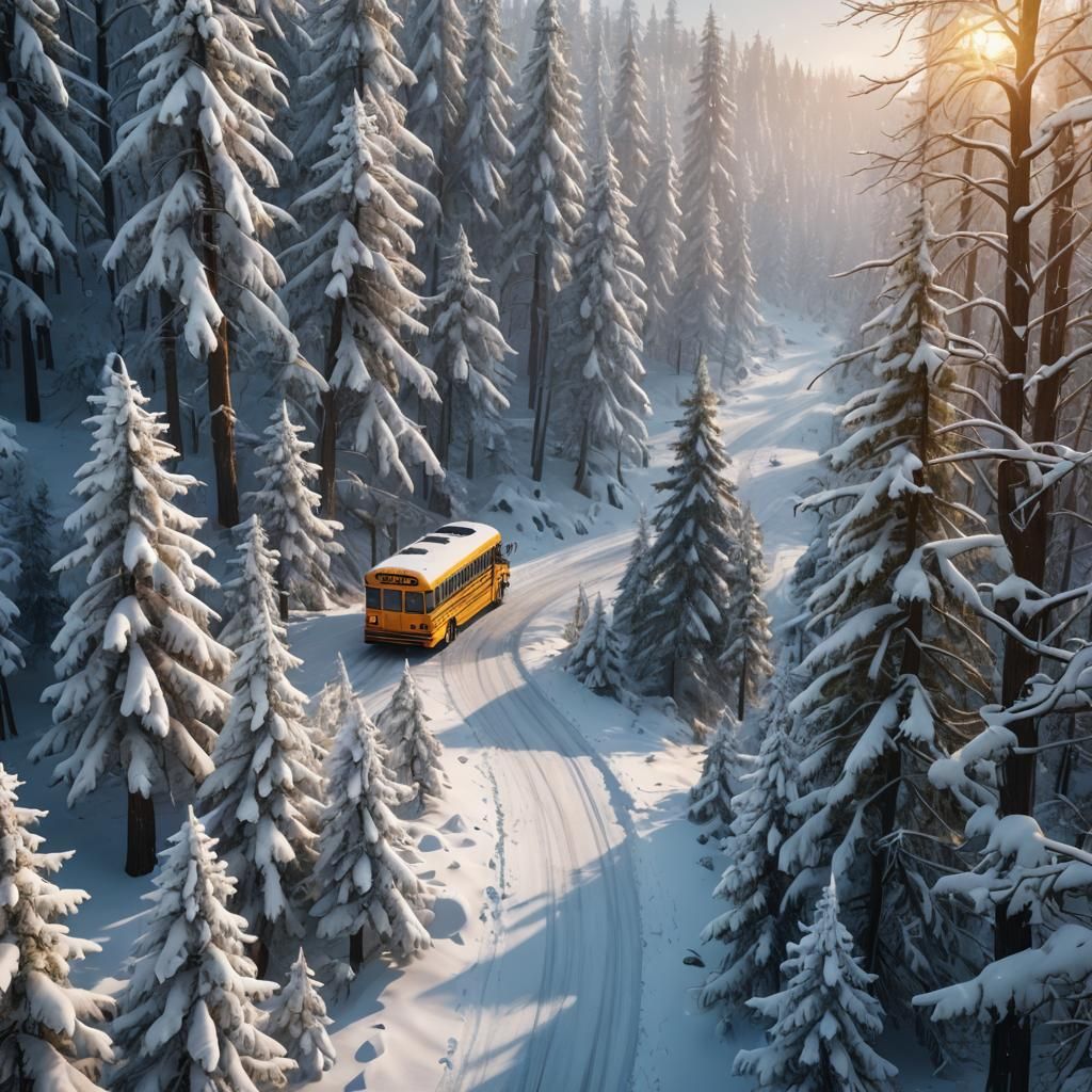 School Bus Journey Through Winter Forest