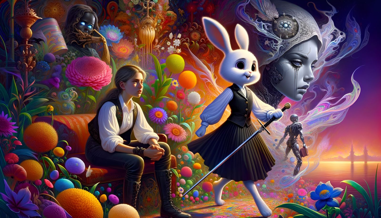 Psychedelic Dark Fantasia with Cyborg and Android