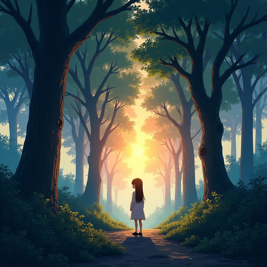 Contemplative Figure at Forest Edge in Anime Style