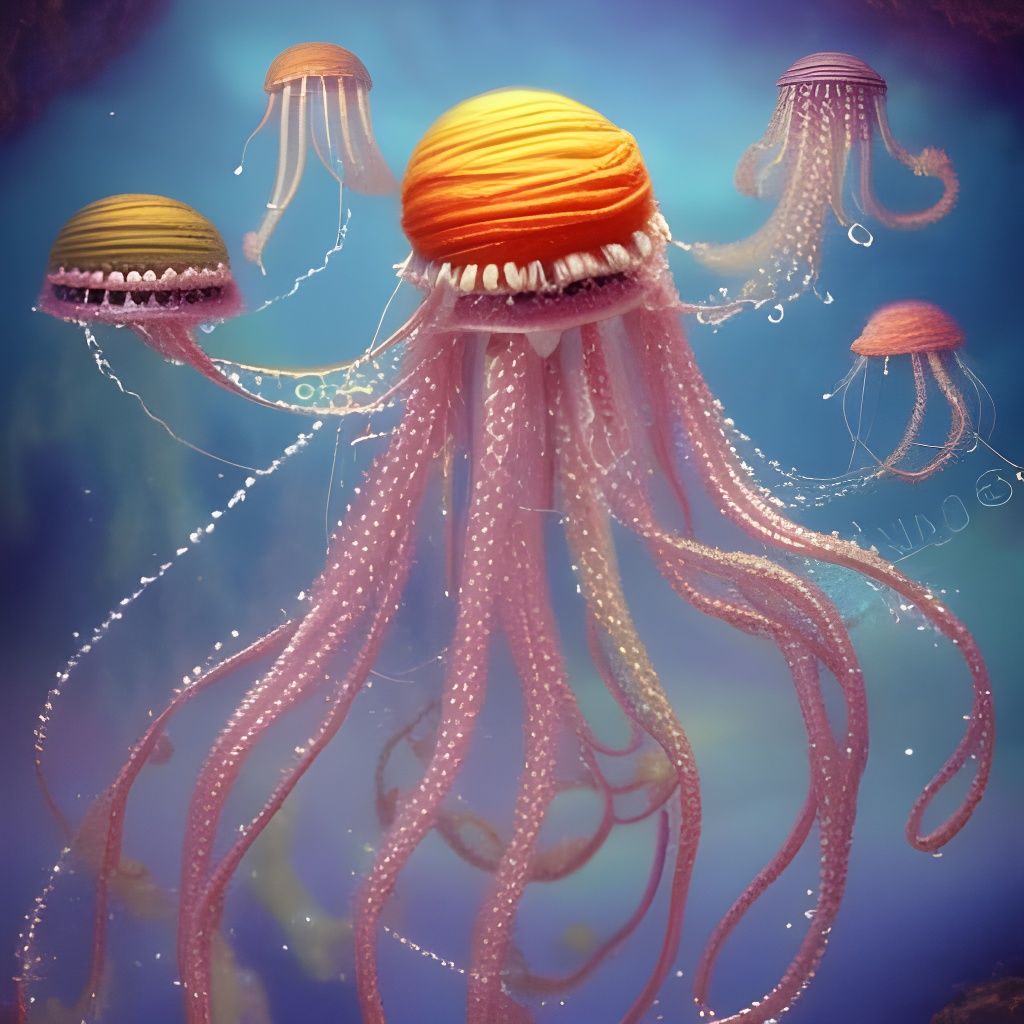 Yarn Jellyfish with Steampunk Engine, Ethereal Fantasy Art