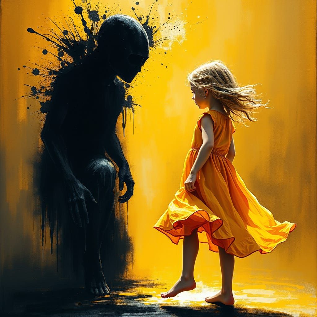 Girl Confronts Shadowy Figure in Impasto Style