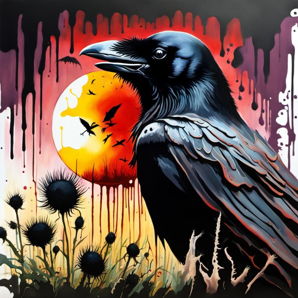 Crow in Splash Ink Style with Black Sun Eclipse
