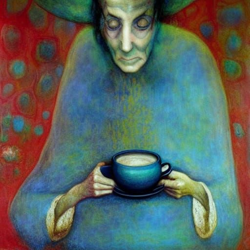 Ethereal Ghost Enjoys Coffee: Surrealist Oil Painting