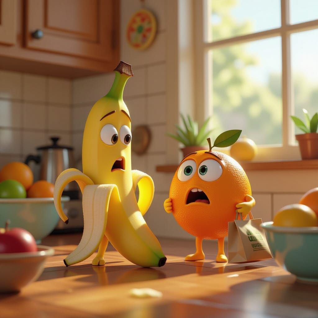 Shocked Banana in Kitchen as Pixar-Style 3D Art