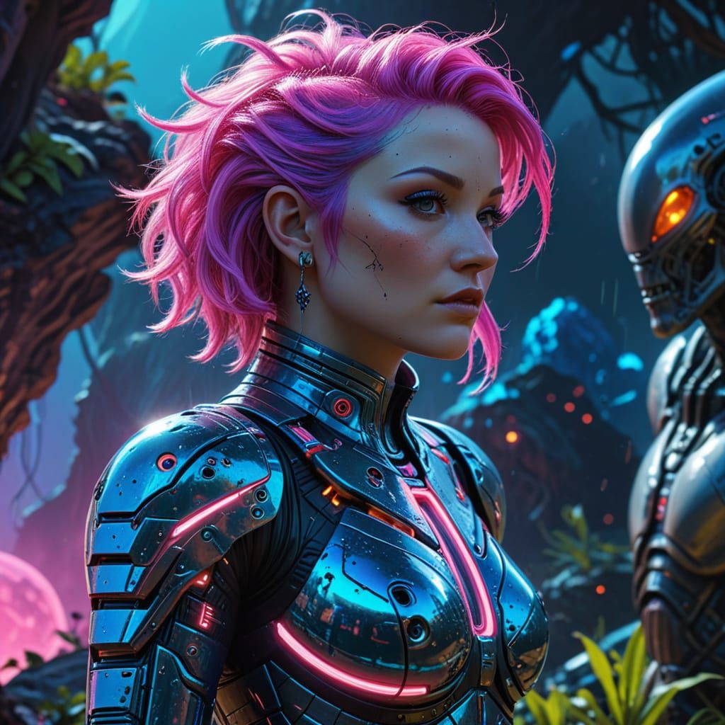 Cyberpunk Cyndi Lauper and Alien Warrior Illustration