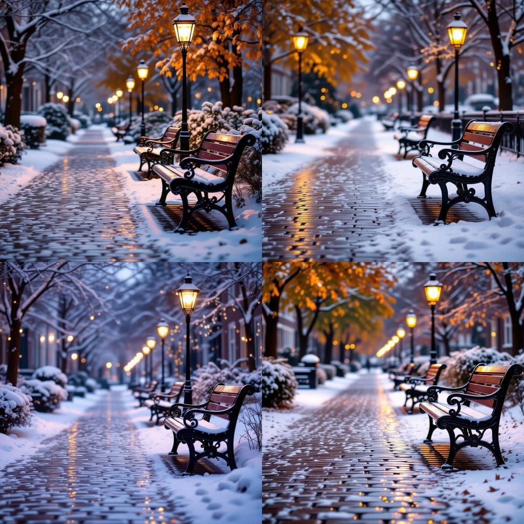 Snowy Path with Lanterns Reflecting Warm Lights