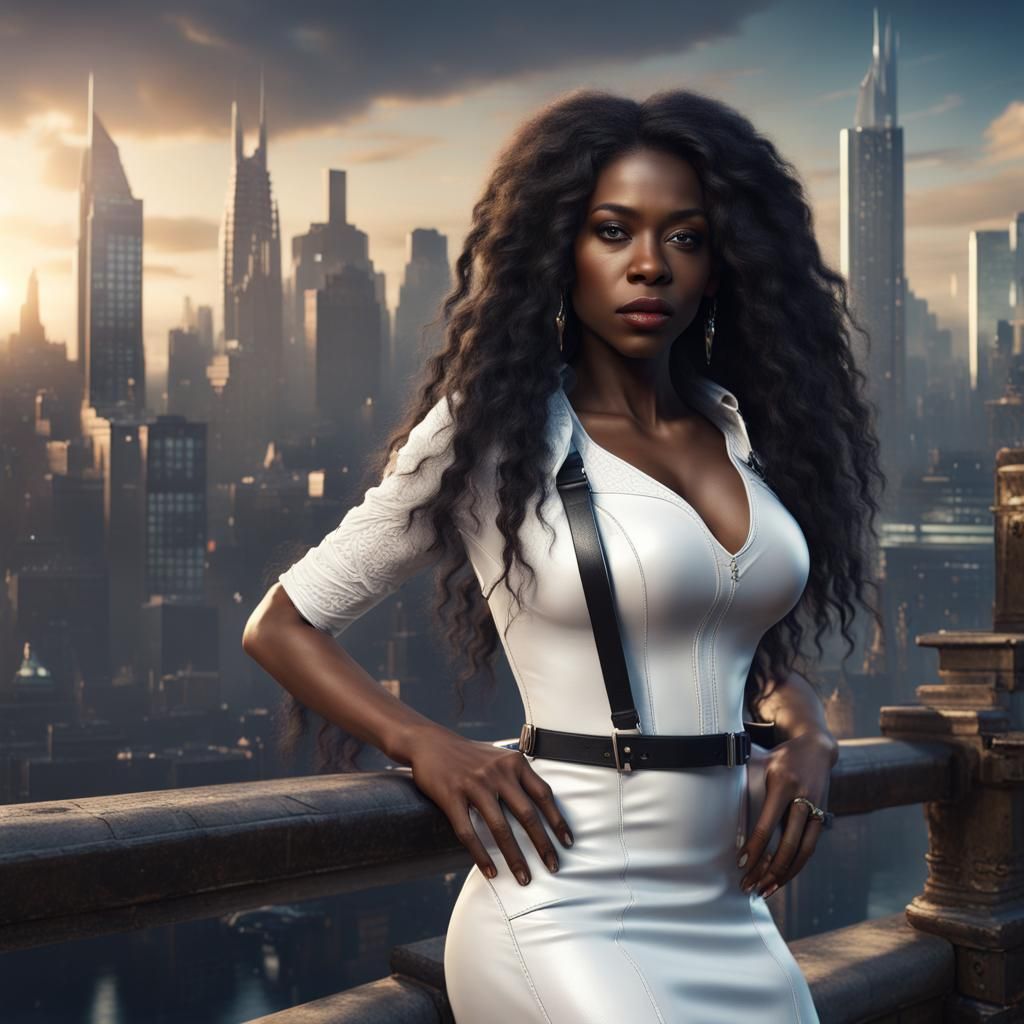 Black Woman in Leather Dress, Cityscape Backdrop