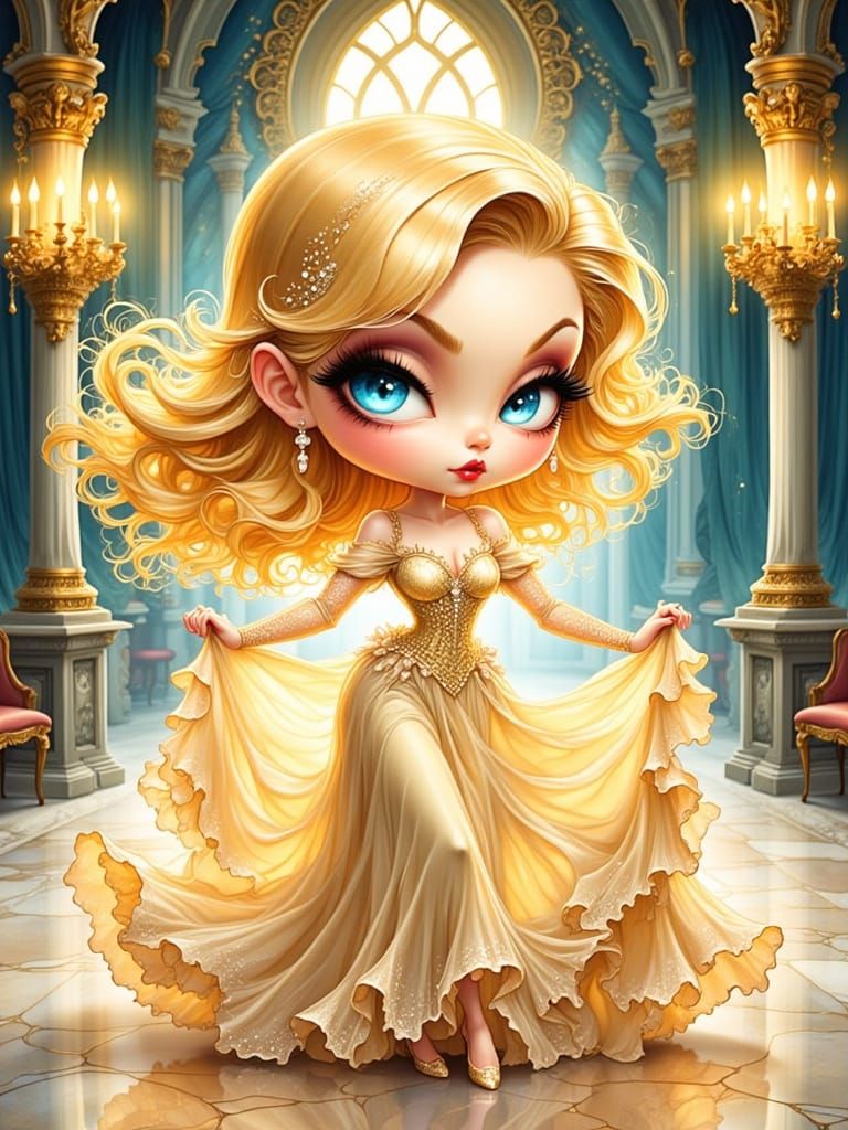 Whimsical Chibi Princess in Opulent Ballroom