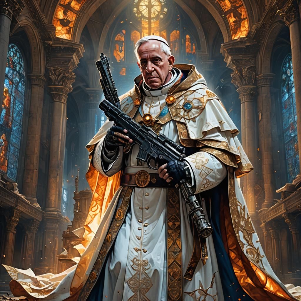 Sci-Fi Pope with Futuristic Gun in Ruined Cathedral