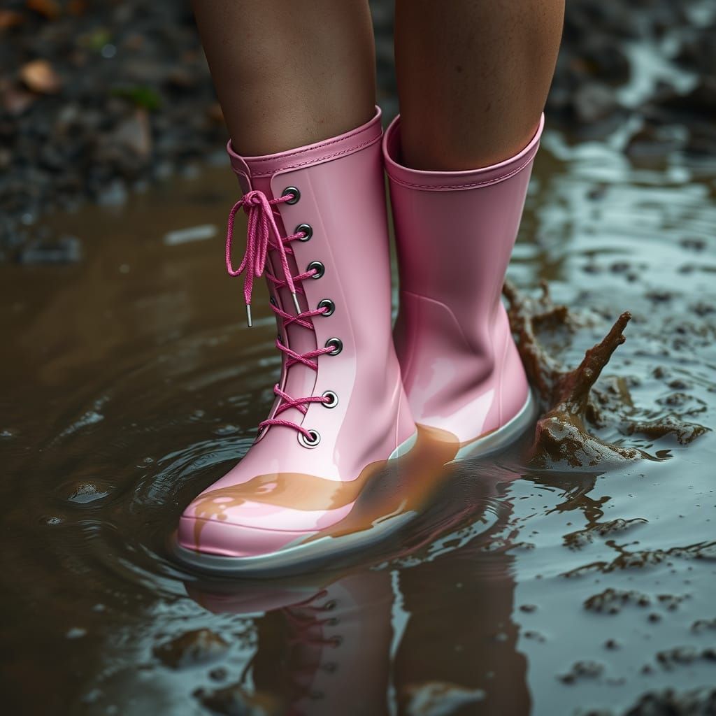 Vibrant Rain Boots Splash into Muddy Waters in Hyper-Realist...