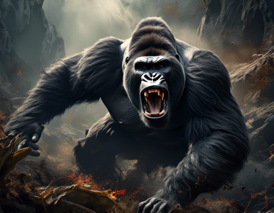 <lora:Woodsplash:1.0> A silverback Gorilla baring it's teeth