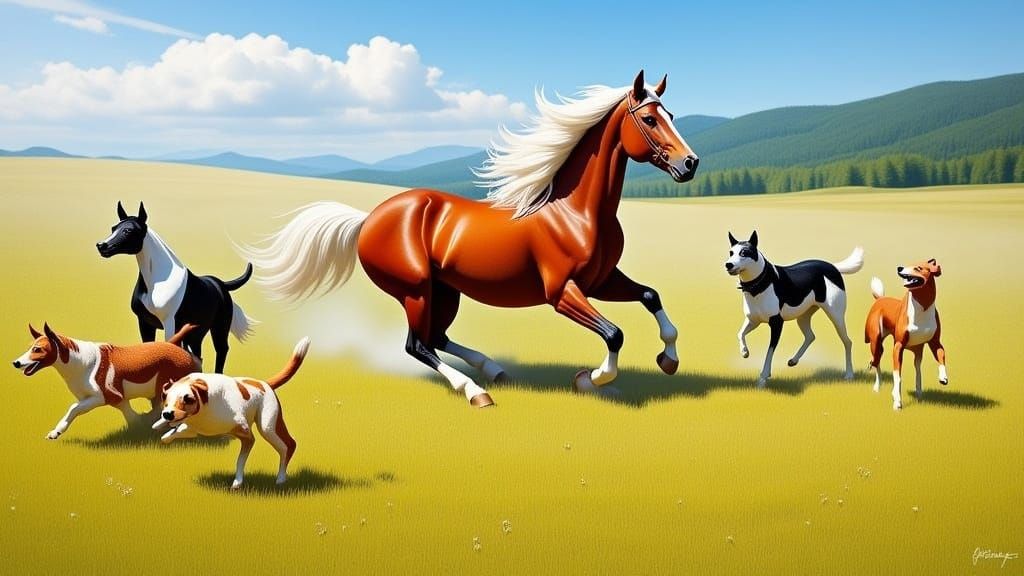 Horse and Dogs at Play in Impressionist Meadow