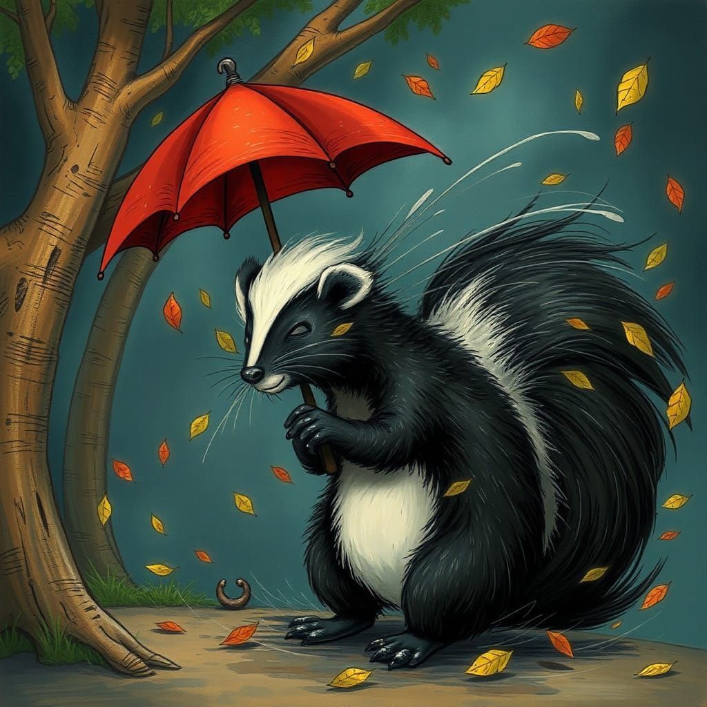 Anthropomorphic Skunk in Storm, Fairytale Illustration