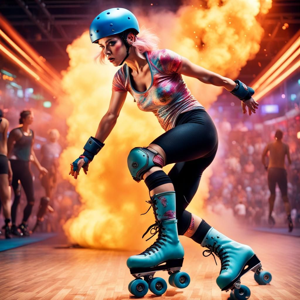 Roller Derby Girl Escapes Explosion in Photorealistic Style
