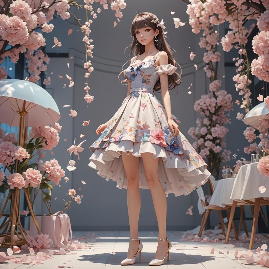 Anime Woman in Sweet Dress, 3D Aesthetic Art