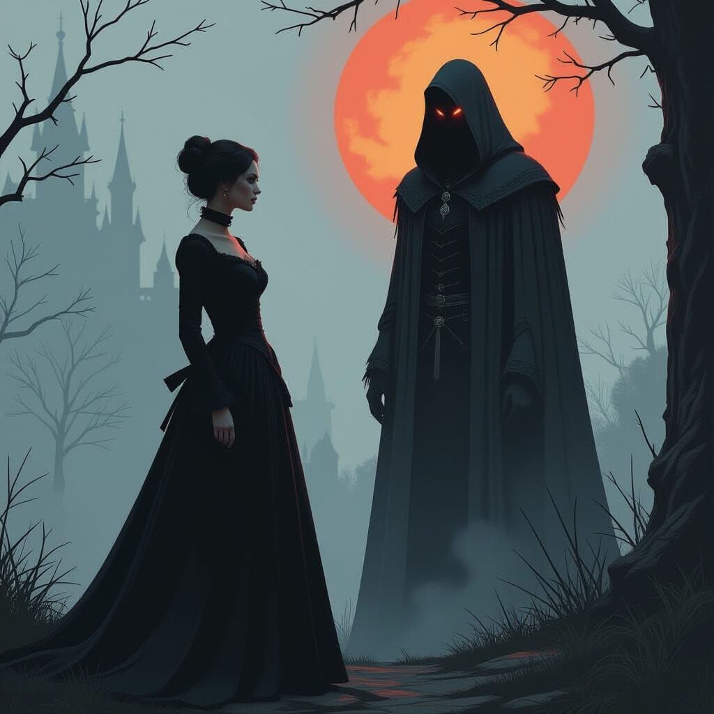 Victorian Woman with Shadowy Figure in Dark Fantasy Style