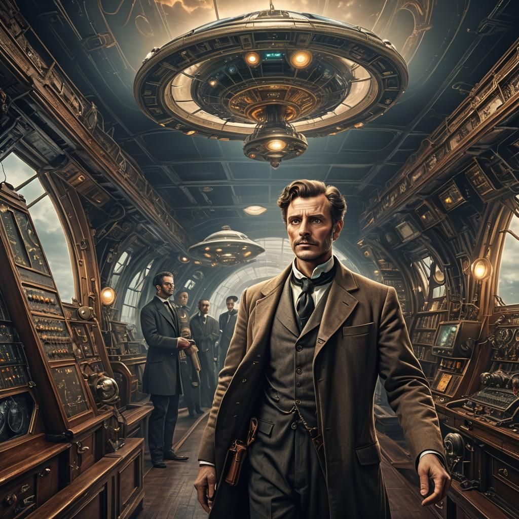 Victorian Scientist Aboard UFO: Dramatic Hyperrealistic Scen...