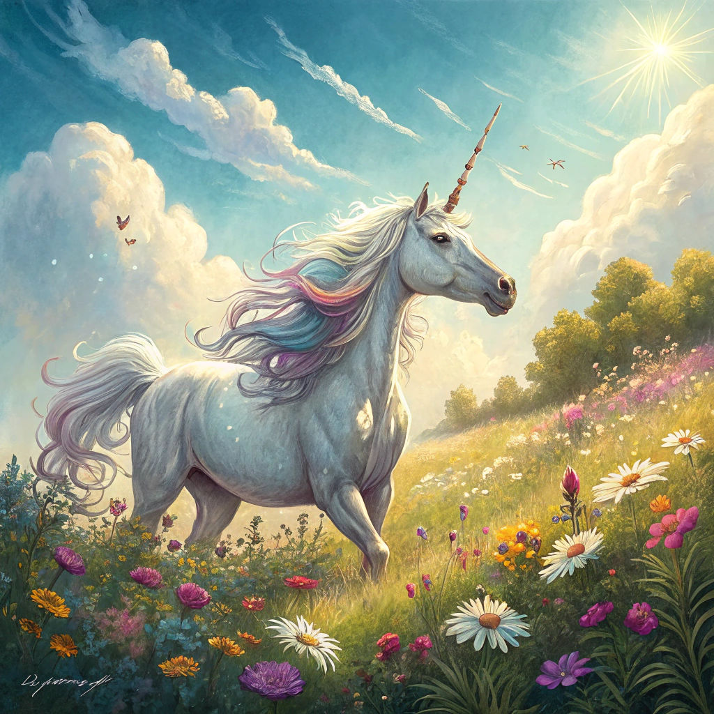 Majestic Unicorn in a Lush Meadow as Watercolor Painting