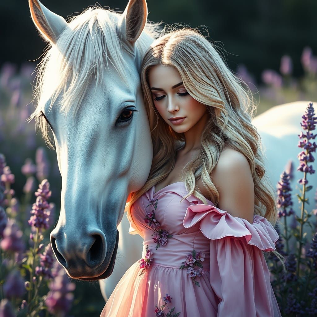 Ethereal Woman in Dreamy Garden Scene with Lavender Flowers