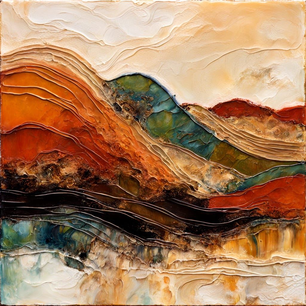 Abstract Landscape Encaustic Painting with Geometric Shapes