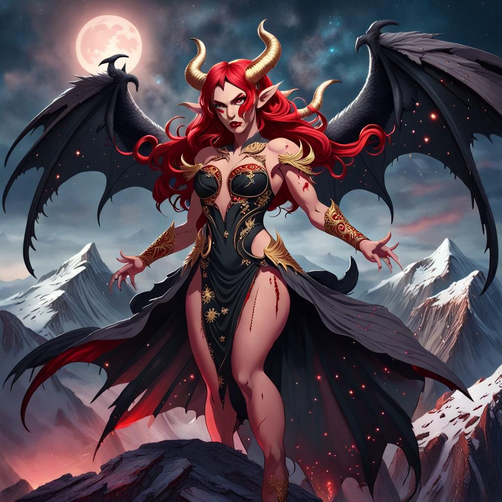 Demon Woman with Wings in Fantasy Landscape