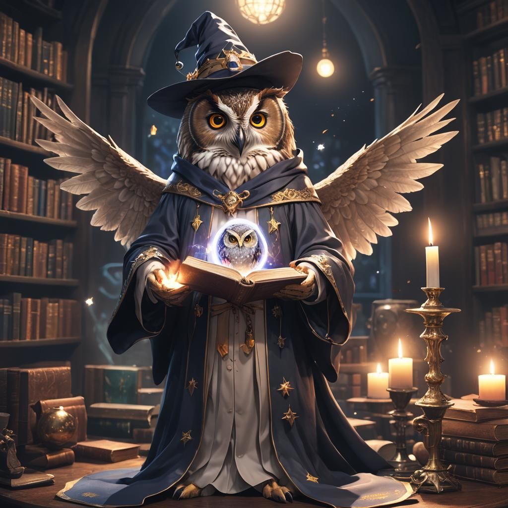 Wizard Owl with Spell Book, Anime Style