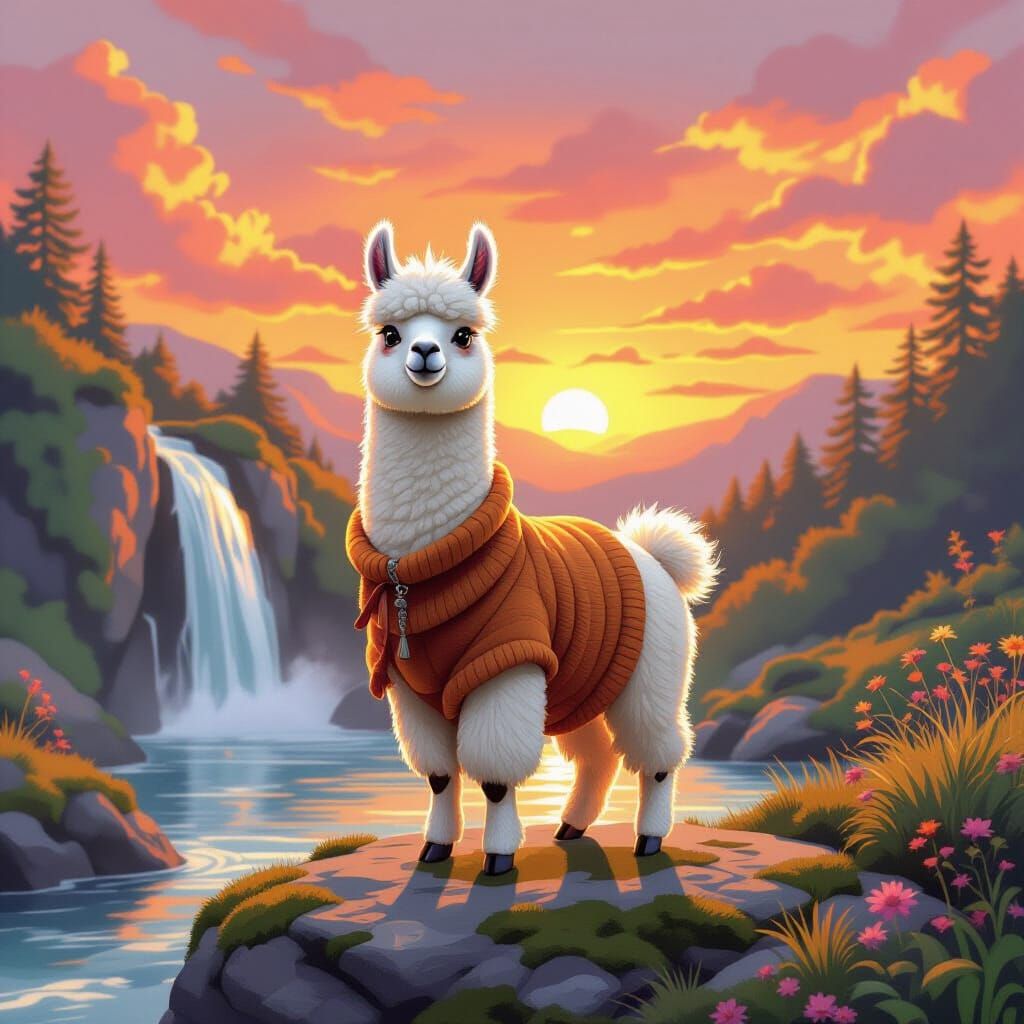White Llama in Sunset with Waterfall, Whimsical Style