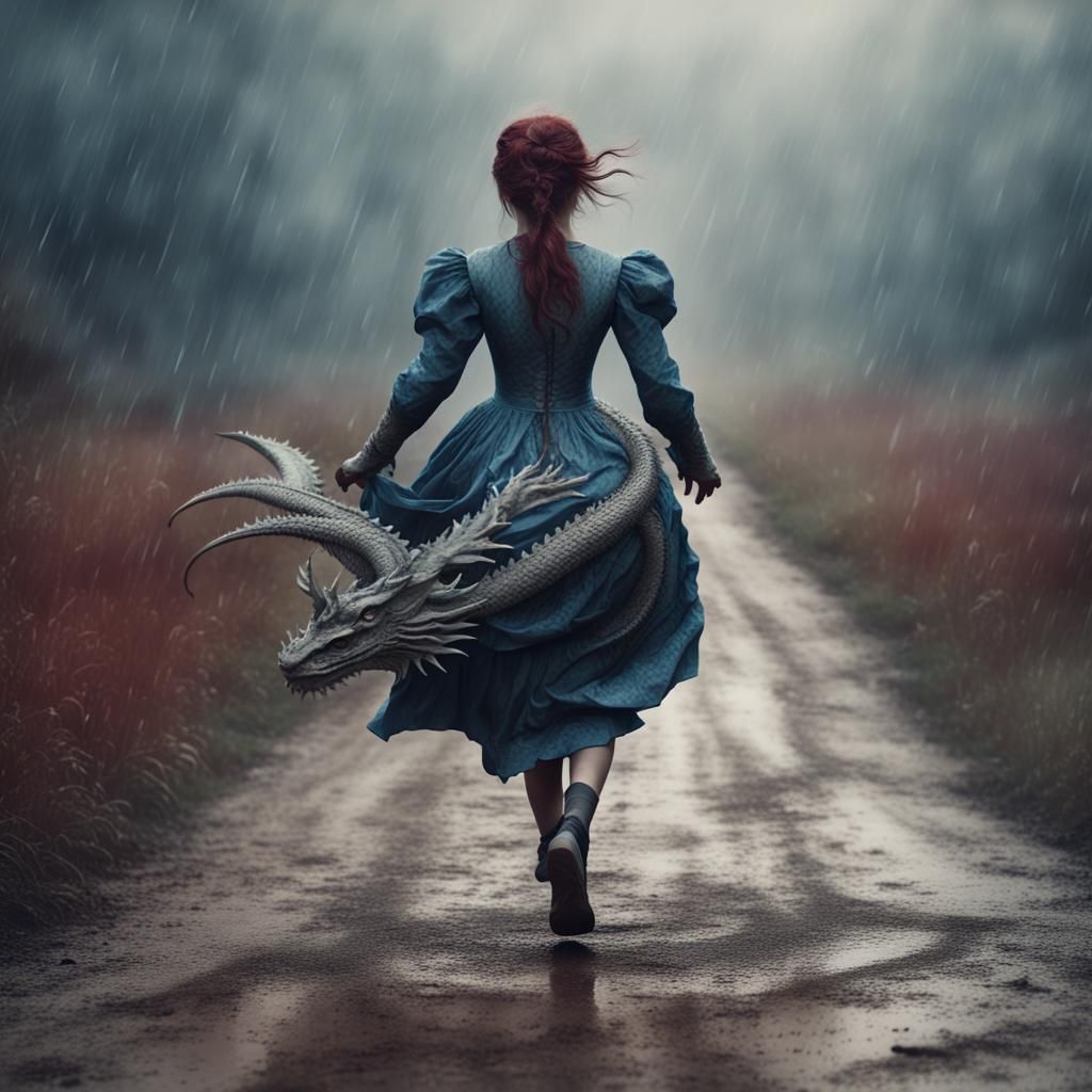 Girl in Edwardian Dress Running in Rain