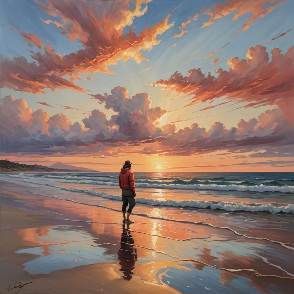 Sunset Beach Oil Painting with Golden Light