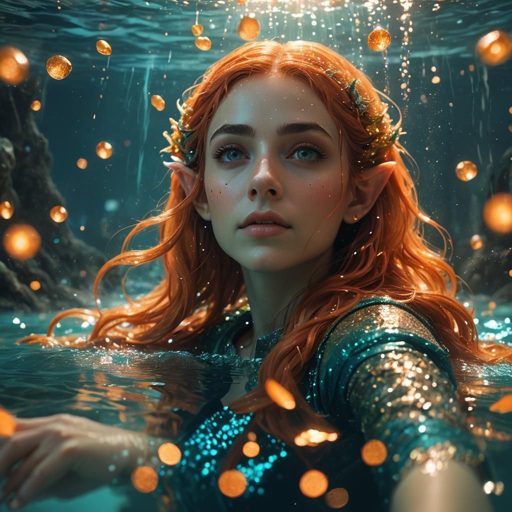 Elf Girl Underwater in Dreamy Ethereal Scene