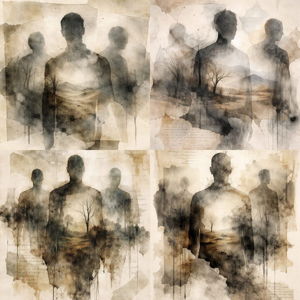Hollow Men Collage: Fragmented Figures in Dreamlike Washes