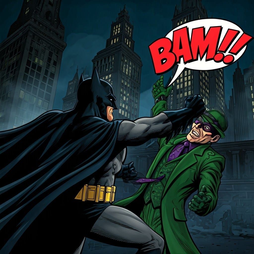 Batman punching The Riddler with the word "BAM" in a text bu...