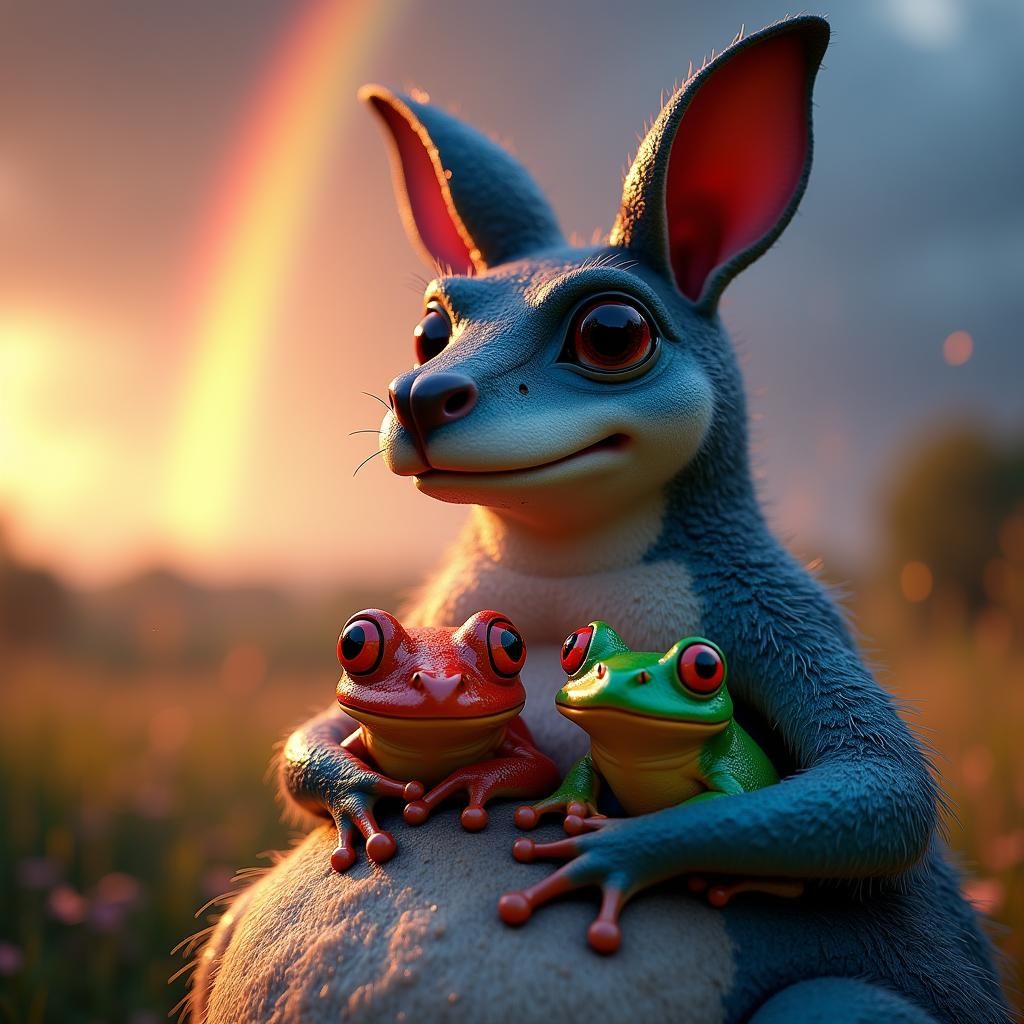 Frogs in Kangaroo Pouch with Black and White Rainbow