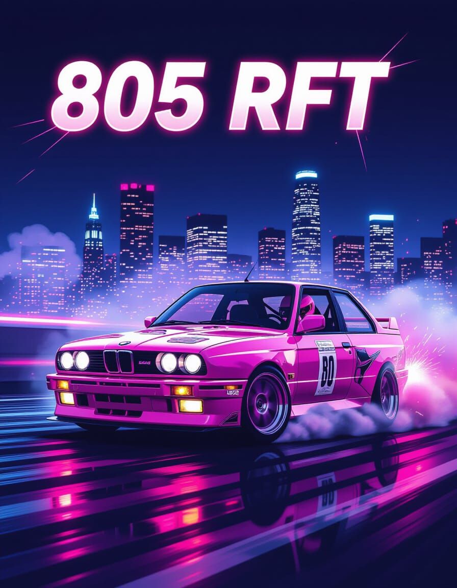80s Retro BMW E30 Drift Car Night Cityscape