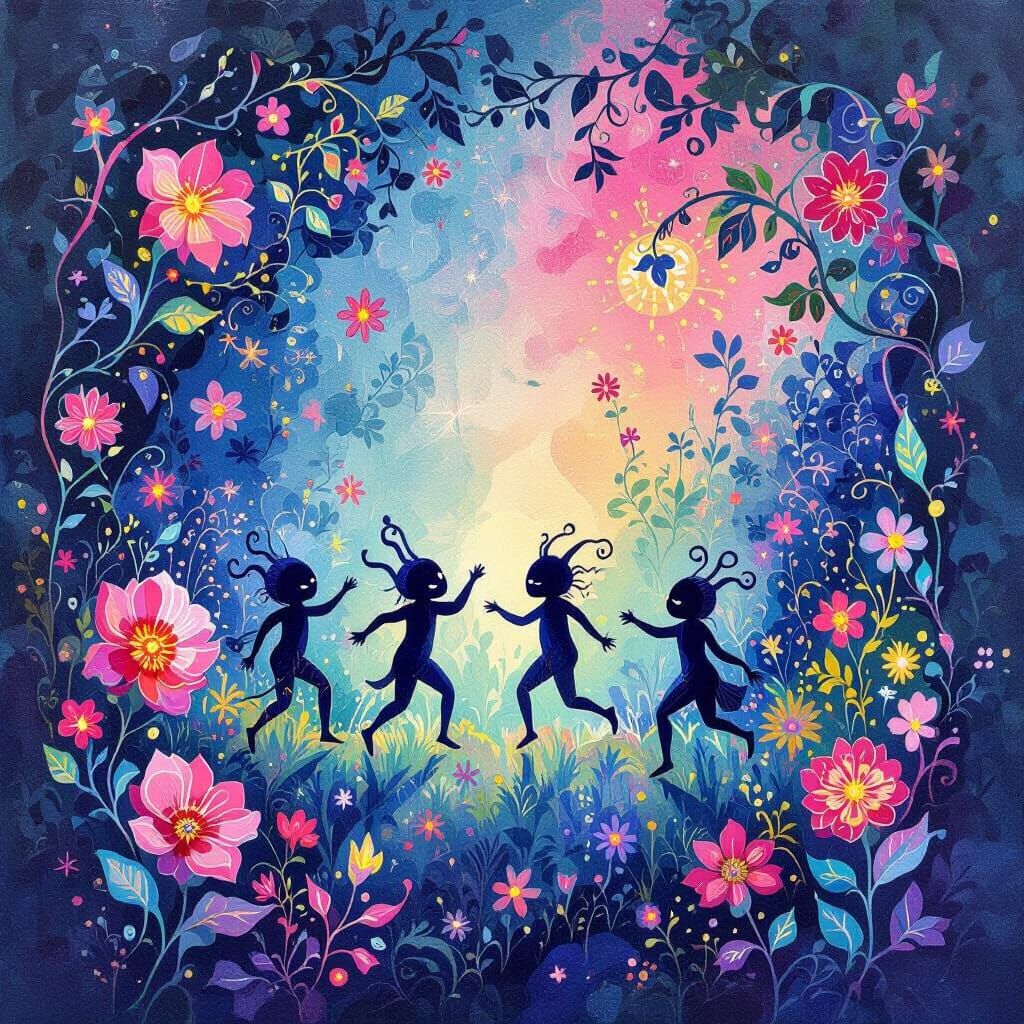 Dancing Imps in a Vibrant Abstract Garden