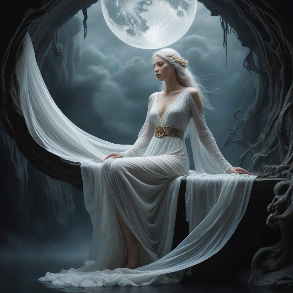 Surreal Goddess Floats amidst Whispers of Elysian Light